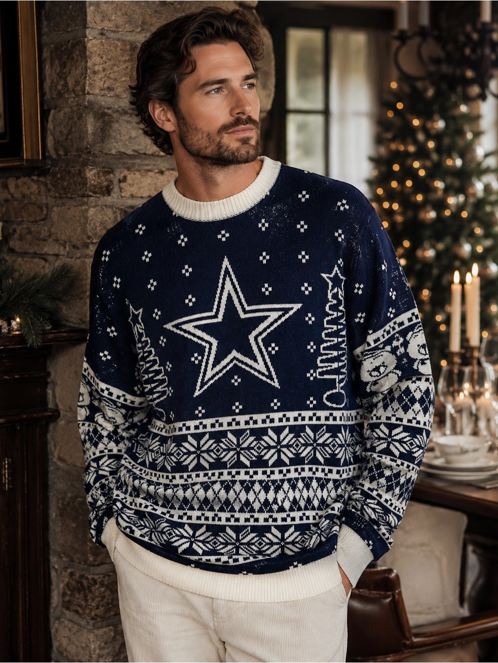NFL Navy and White Star Fair Isle Crewneck Sweater